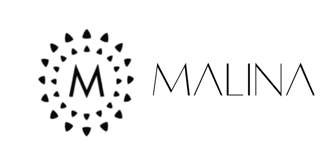 “Malina logo featuring a circular design with an ‘M’ in the center, surrounded by small black shapes, alongside sleek black text on a white background.”