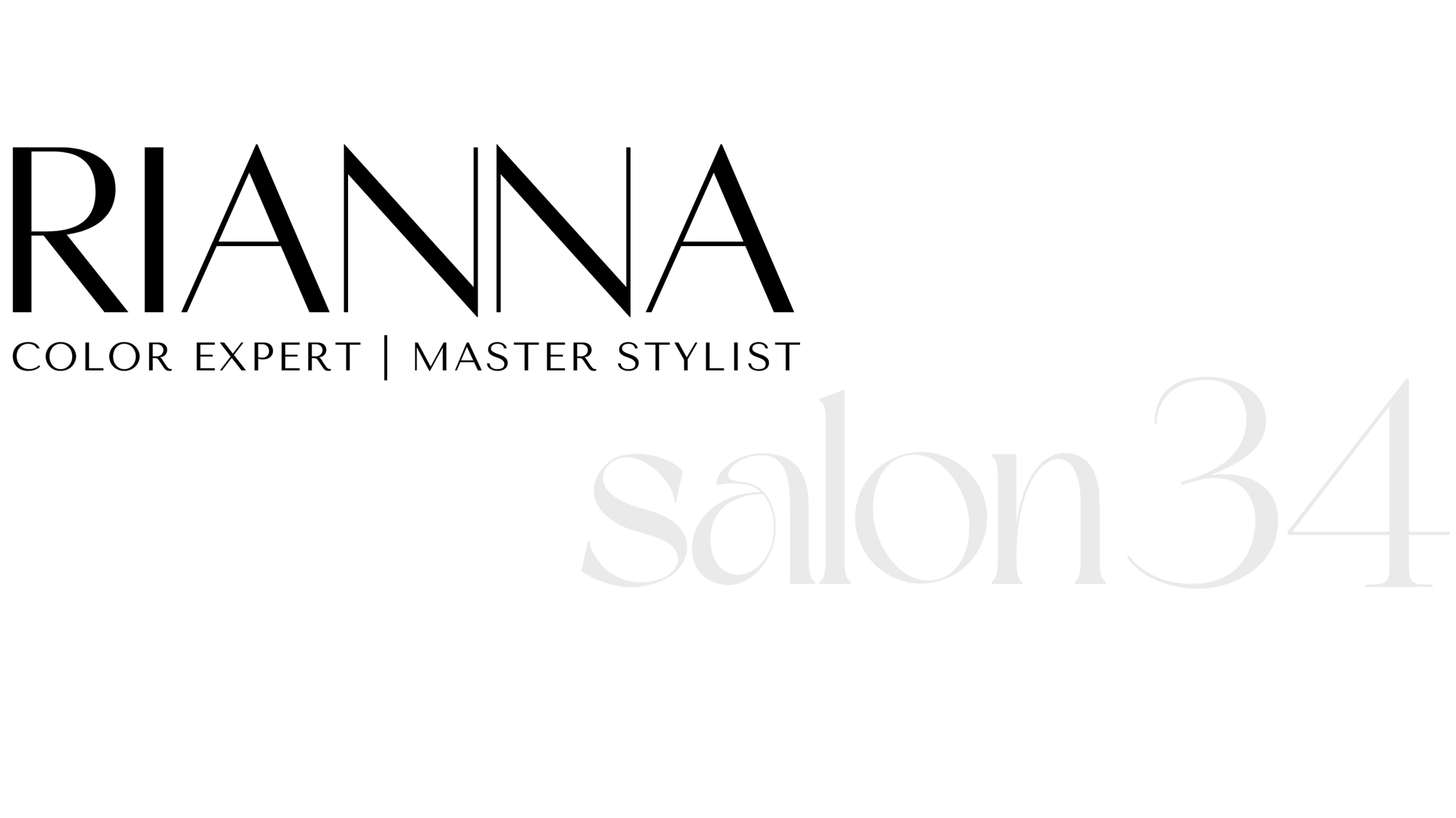 Logo for Rianna Salon 34 featuring elegant text. The name ‘Rianna’ is styled in bold black letters with ‘Color Expert | Master Stylist’ written below in smaller black font. ‘Salon 34’ is written in soft, elegant white letters on a pinkish-purple background adorned with subtle cherry blossom illustrations.